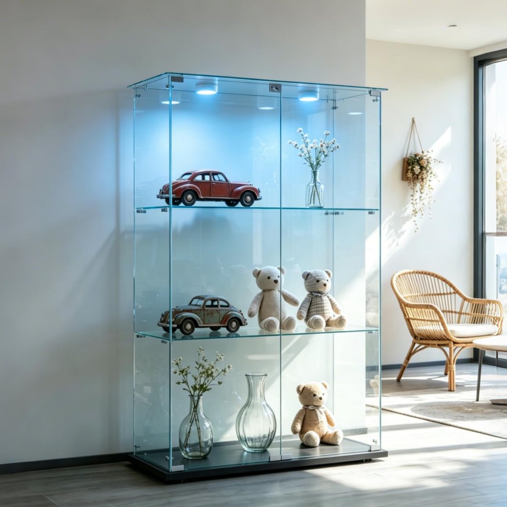 BPKADHY Glass Display Cabinet with LED Lighting, 2 Doors, 3 Tiers, Black