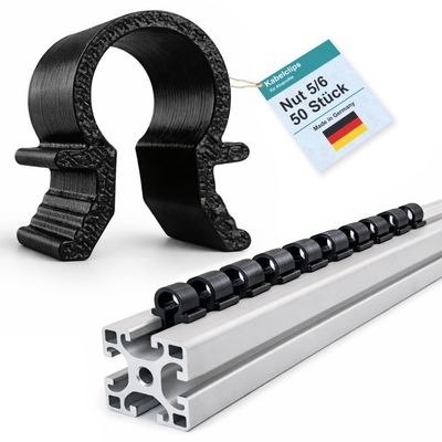 Cable Clips for Aluminum Profiles, Slot 5 and Slot 6 – Black Omega Cable Holders – Made in Germany, 50-Pack