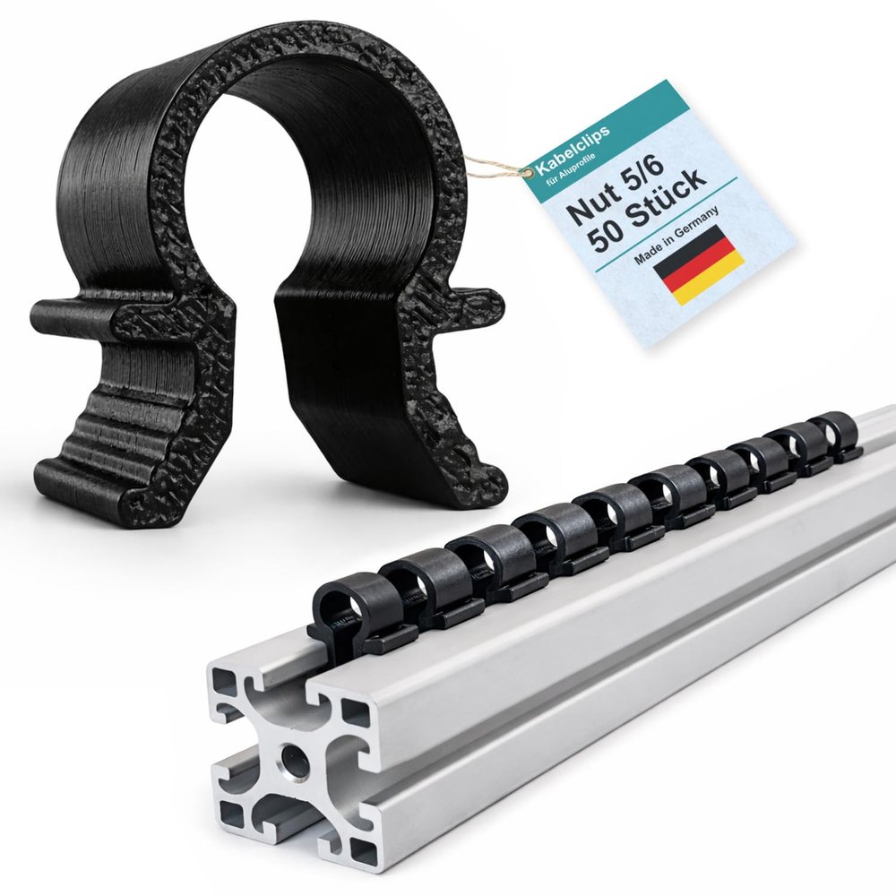 Cable Clips for Aluminum Profiles, Slot 5 and Slot 6 – Black Omega Cable Holders – Made in Germany, 50-Pack