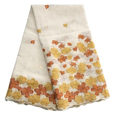 African Swiss Cotton Lace Fabric, Embroidered Voile Lace with Stones for Nigerian Dresses, 5 Yards