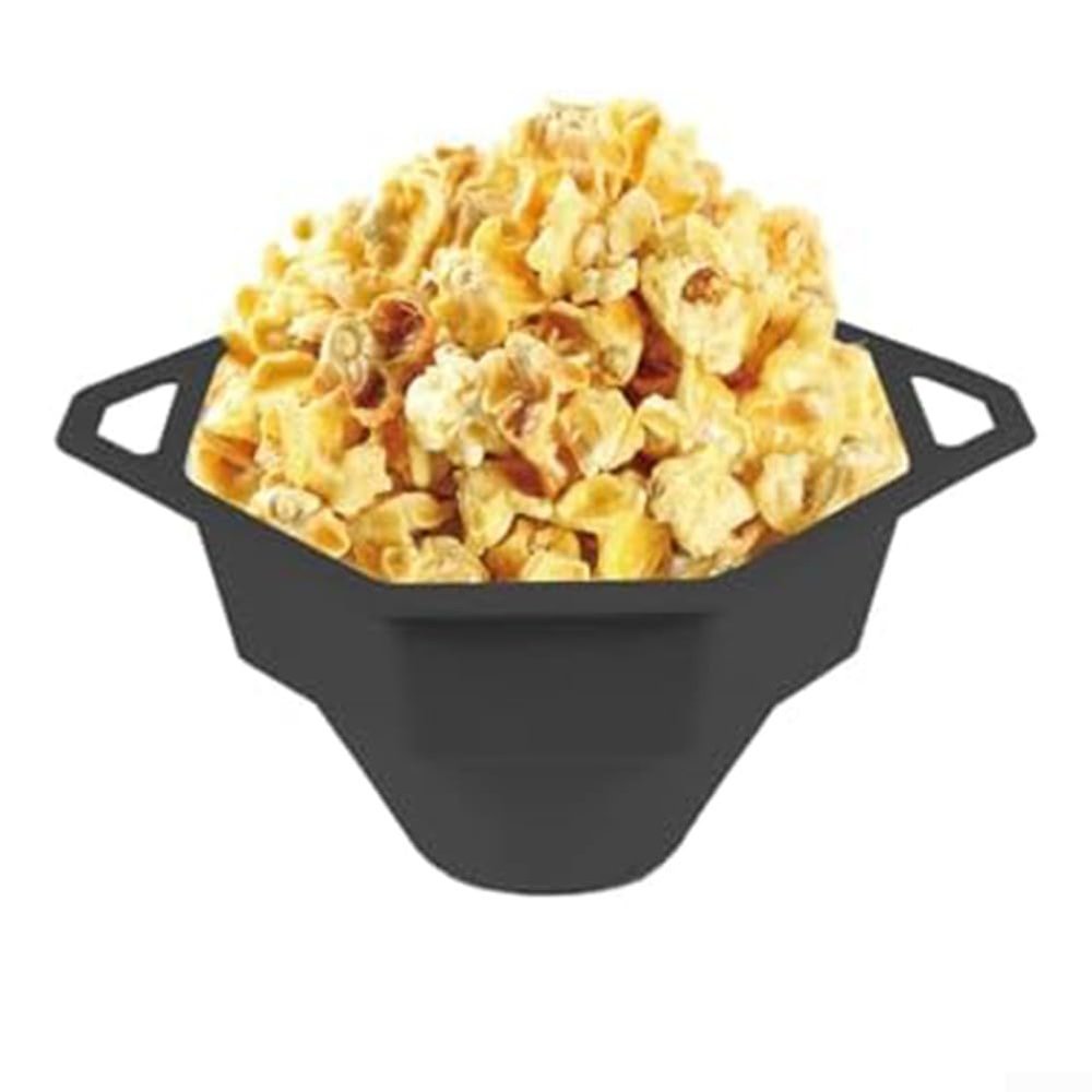 Foldable Silicone Microwave Popcorn Bowl, Black with Lid