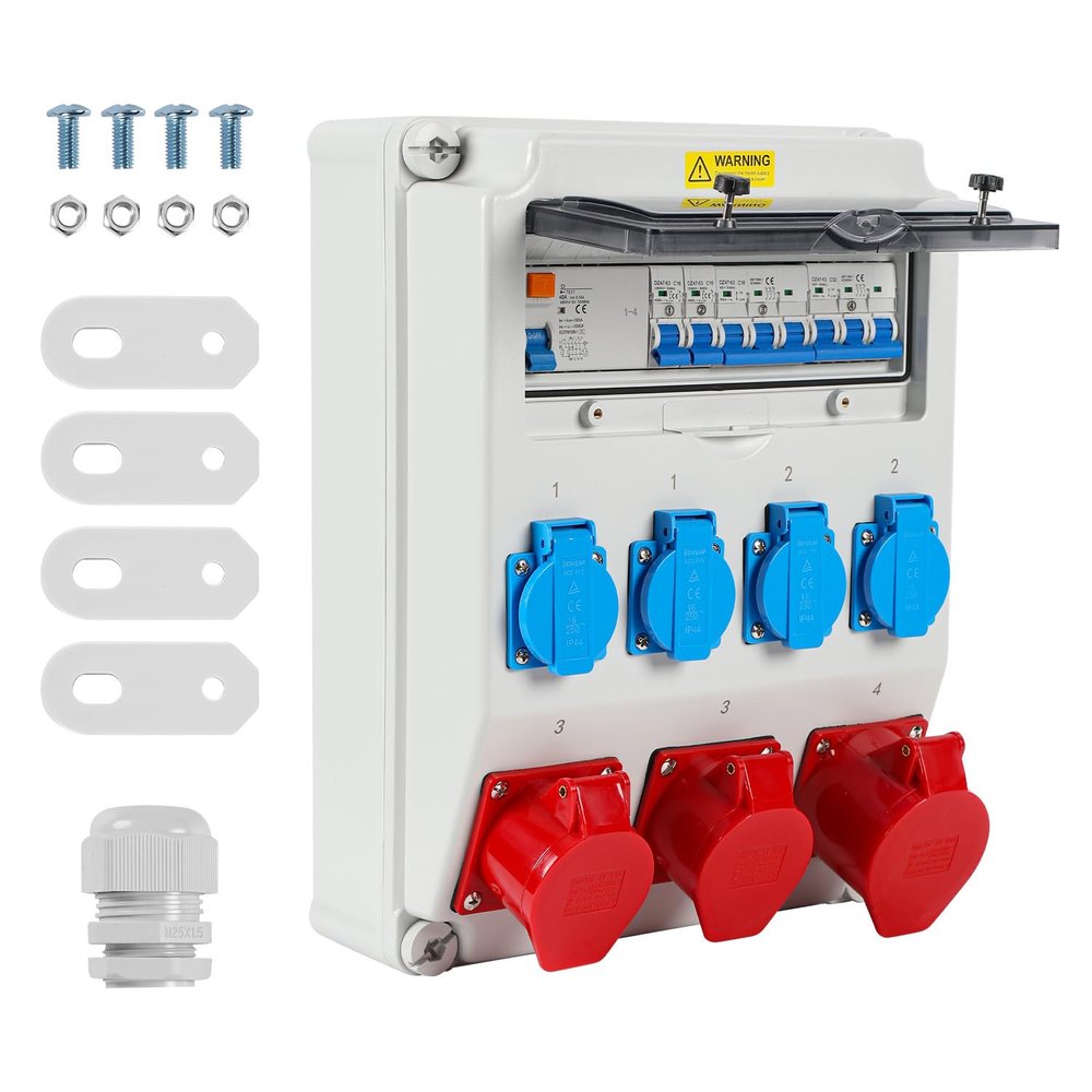 Eikuavons 32A IP65 Construction Power Distributor with RCD, 4 Schuko, CEE 16A and CEE 32A Outlets