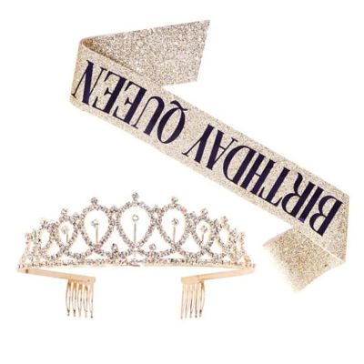 Cryfokt Happy Birthday Sash and Crown Set, Lightweight Tiara, Gold