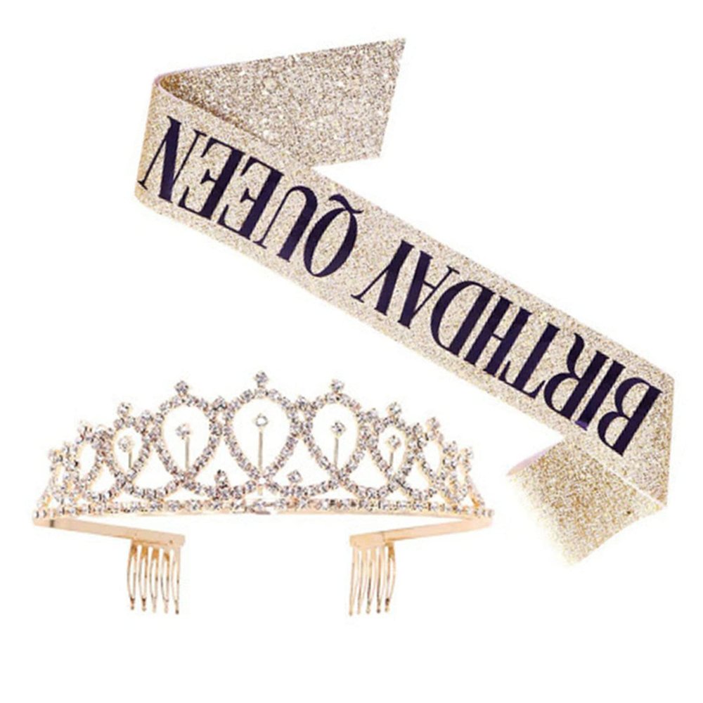 Cryfokt Happy Birthday Sash and Crown Set, Lightweight Tiara, Gold