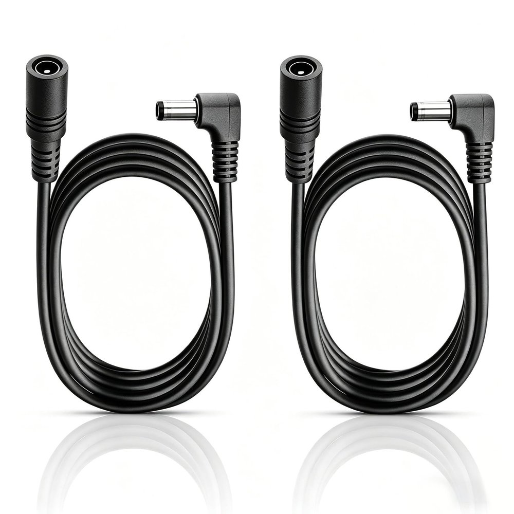 2-Pack 2 m 5.5 x 2.1 mm 12/24V DC Power Extension Cables, 90° Right-Angle Male to Female, 22AWG, Black