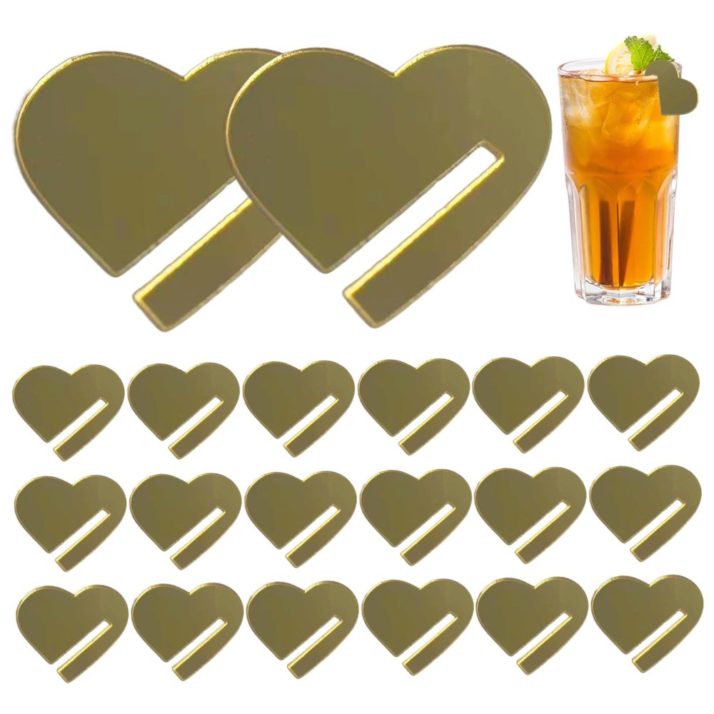 Ginwrek Drink Markers, Gold Heart Charms, Double-Sided, Reflective, Blank, Acrylic, 20 Pieces