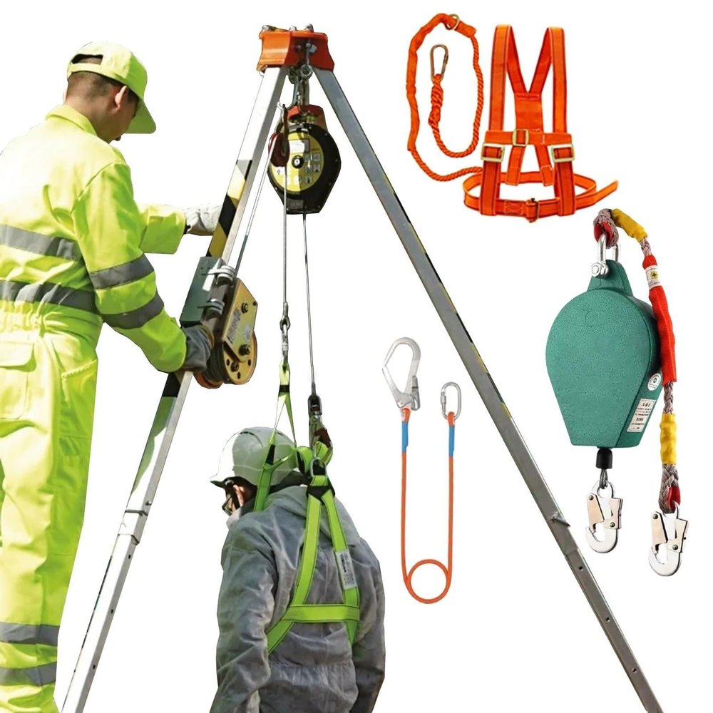 Heavy-Duty Tripod Rescue System for Confined Spaces, 1,200/1,800/1,179.3 kg Winch, 10 m Fall Protection and Lifting Equipment