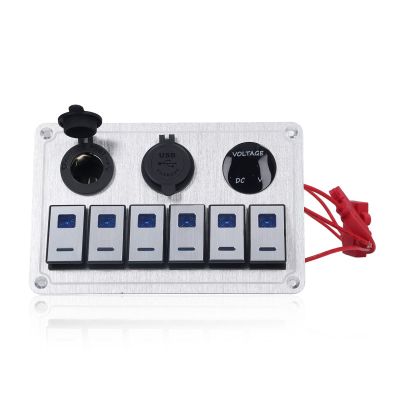 Tomantery Waterproof 6-Switch Rocker Panel for Cars, Heavy-Duty Central Control Panel with Blue LED and 2.1 A Dual USB Charging Port