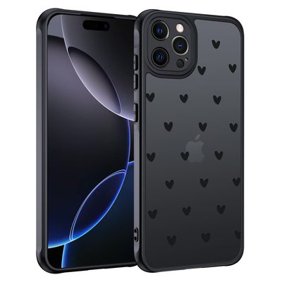 TUUTPU Case for iPhone 16 Pro, Matte Translucent Heart Pattern, Slim Hard Case, Black
