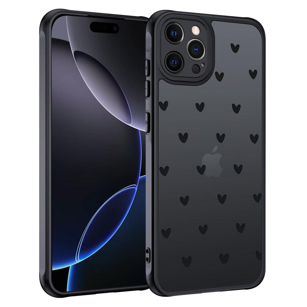 TUUTPU Case for iPhone 16 Pro, Matte Translucent Heart Pattern, Slim Hard Case, Black