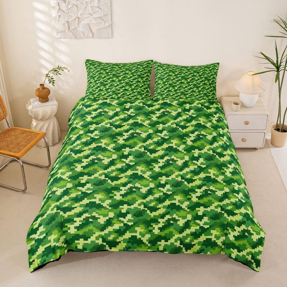 Homemissing Camo Pixel Duvet Cover Set, 200 x 200 cm, Green Abstract Geometric Pixel Design, Soft Breathable Microfiber