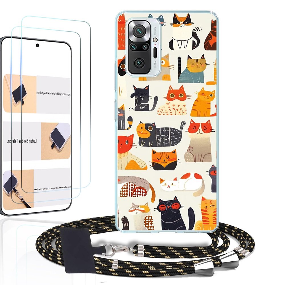 WUACYEAMING Case for Xiaomi Redmi Note 10 Pro with Strap and 2 Tempered Glass Screen Protectors, Clear Silicone, Cat Pattern