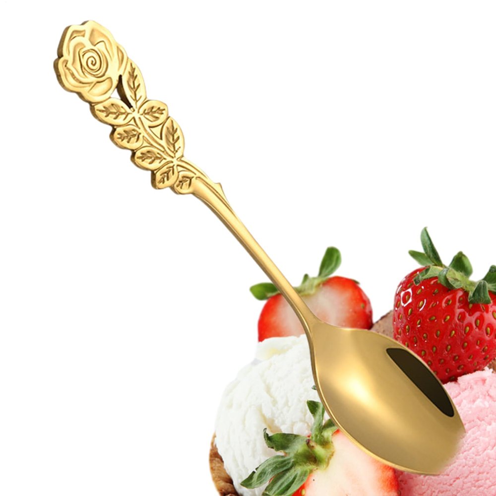 Stainless Steel Spoon | 12.8 X 2.6 Cm, 20 G, Galvanized, Polished Floral Handle, Silver, Gold, Rose, Black, Colorful | Fashion Dessert Tea Coffee Cutlery | Home-Office Dining, Salad, Appetizer
