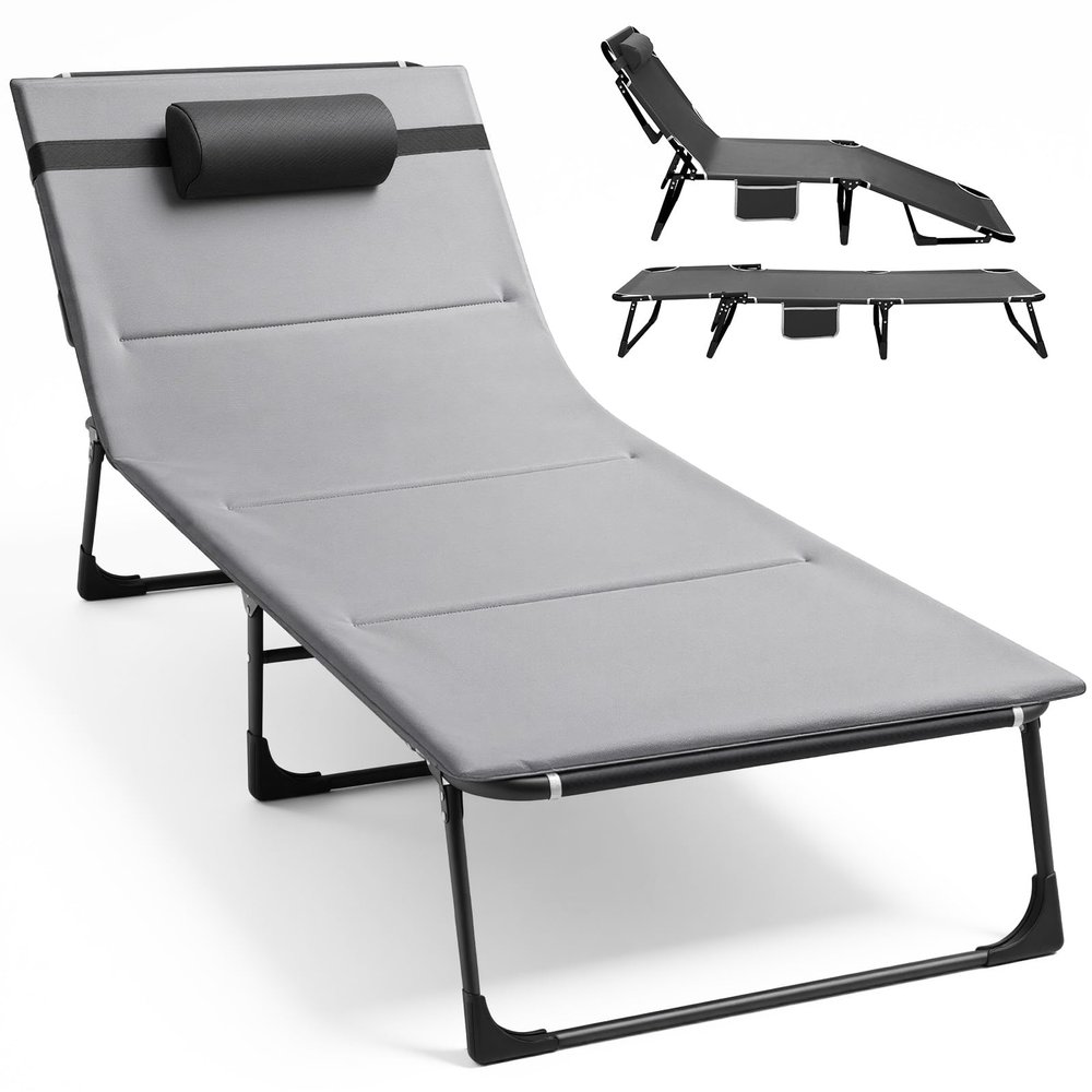 Warmiehomy Folding Sun Lounger with 4 Adjustable Backrest Positions, Padded Mattress and Pillow, Gray
