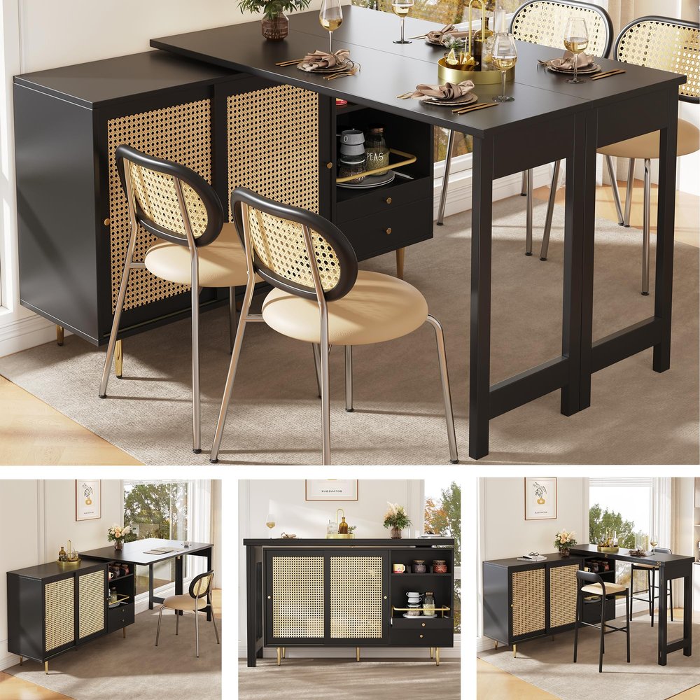 DHWDS 360° Rotating Sideboard with Extendable Tabletop and Rattan Doors