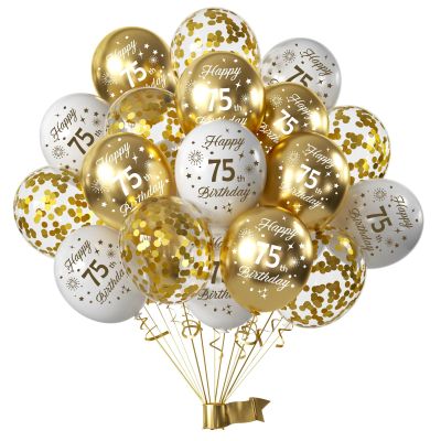 75th Birthday Balloons, White and Gold, 15-Piece Set