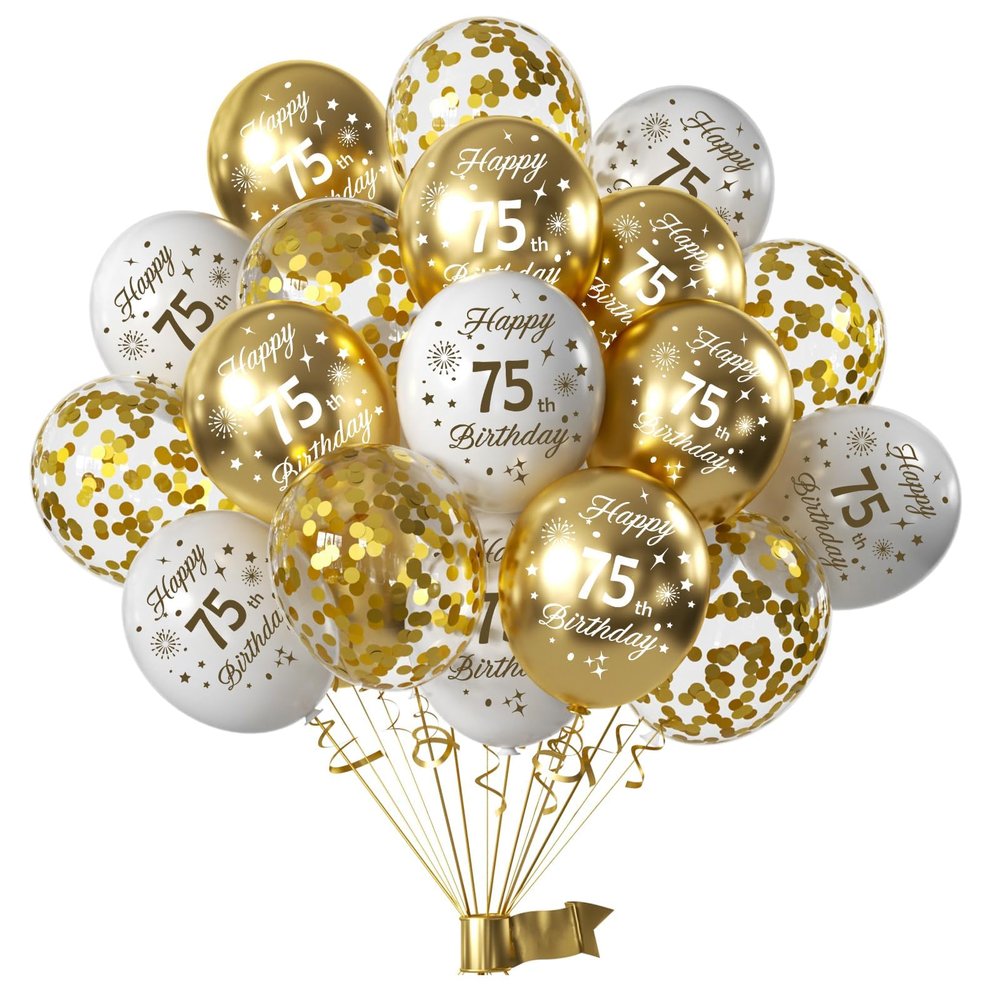 75th Birthday Balloons, White and Gold, 15-Piece Set