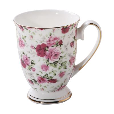 Porcelain Tea Cups with Floral Pattern, 300 ml Bone China Coffee Mug with Handle