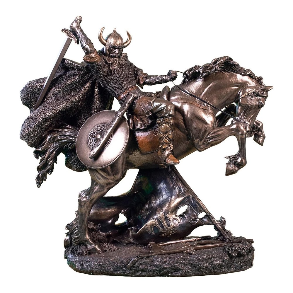 Parastone Viking on Horse, Art Stone Viking Warrior, Bronze Look, Bronzed Decorative Figure, 26.5 cm