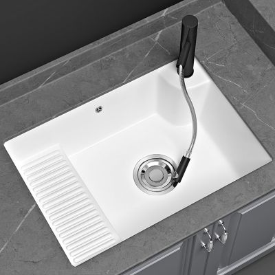 White Undermount Ceramic Sink with Washboard and Faucet