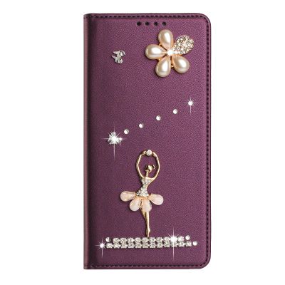 BLOTECH PU Leather Flip Case for Doogee Note 59, 3D Rhinestone Ballerina Design, Burgundy