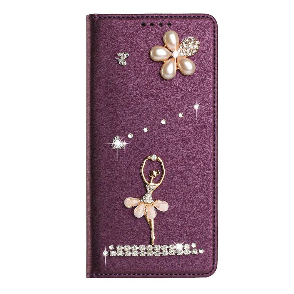 BLOTECH PU Leather Flip Case for Doogee Note 59, 3D Rhinestone Ballerina Design, Burgundy