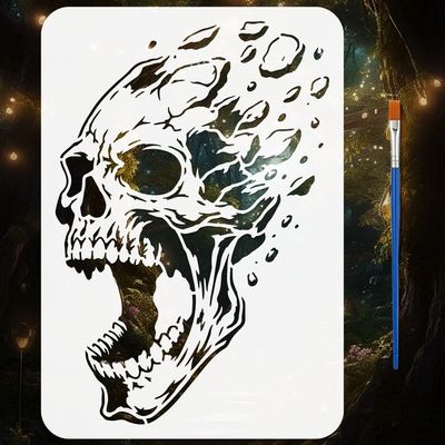 FINGERINSPIRE Skull Stencil with Skeleton Design and Brush 21x29.7cm Reusable for Painting Wood, Walls, Fabrics, and Furniture DIY Home Decor