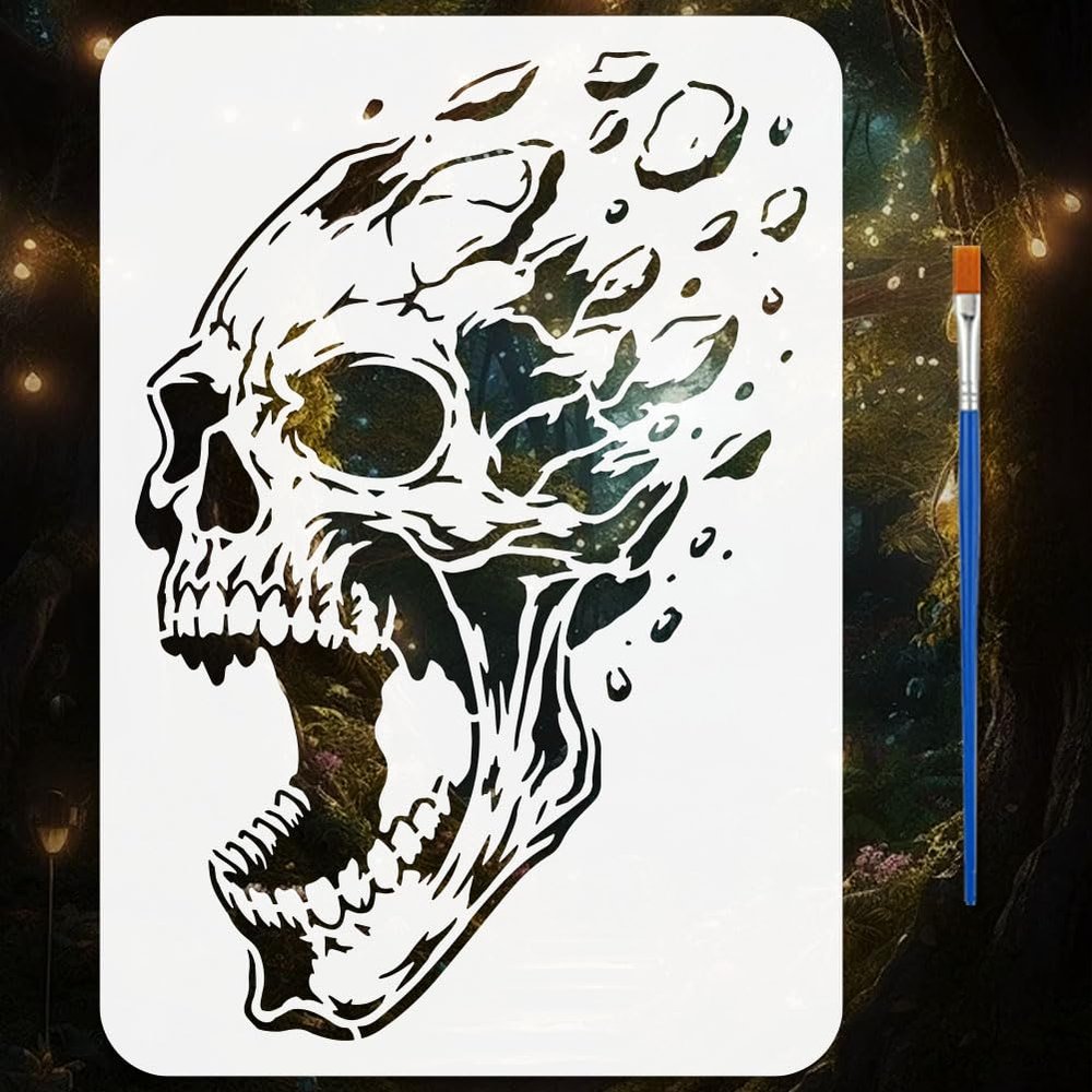 FINGERINSPIRE Skull Stencil with Skeleton Design and Brush 21x29.7cm Reusable for Painting Wood, Walls, Fabrics, and Furniture DIY Home Decor