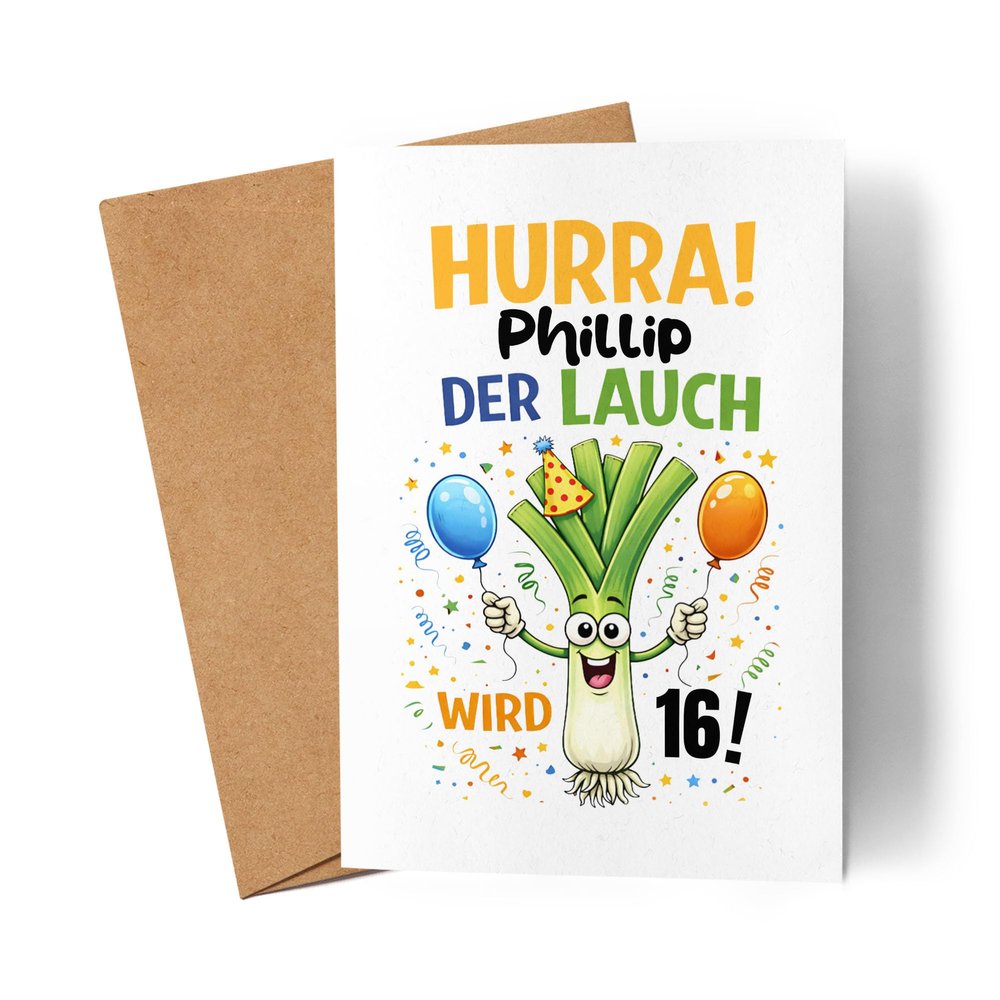 Lilavie-Design Personalized 16th Birthday Card – “Hooray, the Leek Is Turning 16!”