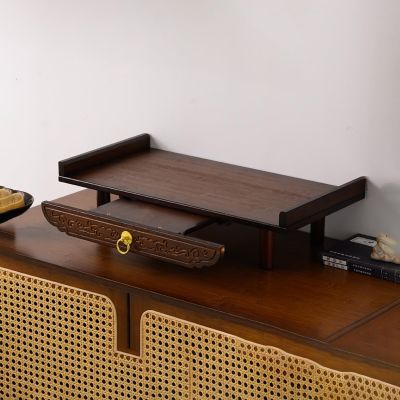 Altar Offering Table, Personal Shrine Table, Bamboo Prayer and Meditation Table with Pull-Out Tray for Small Spaces, Dark Walnut, 60 x 25 x 13 cm