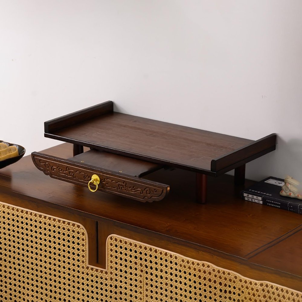 Altar Offering Table, Personal Shrine Table, Bamboo Prayer and Meditation Table with Pull-Out Tray for Small Spaces, Dark Walnut, 60 x 25 x 13 cm