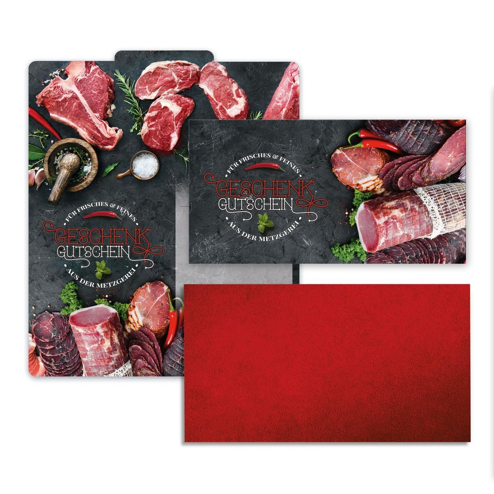 GESCHENKGUTSCHEINcom - 10 Blank Gift Vouchers with Envelopes for Butchers - Template/Form M244-1-10