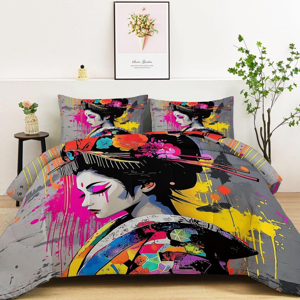 4-Season Duvet 200 x 200 cm with Geisha Graffiti Pattern and 2 Pillowcases