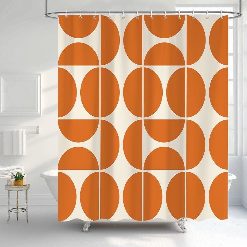 UUZEAI Mid-Century Modern Orange Geometric Shower Curtain, 75 x 200 cm, with Hooks