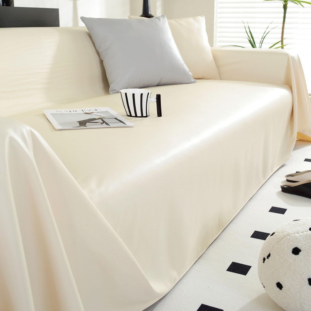 Modern Faux Leather Sofa Cover, Waterproof, Non-Slip, Beige, 180 x 340 cm