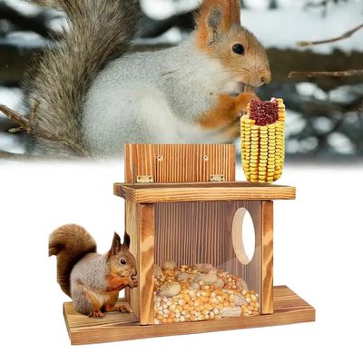 BEAZOOM Wooden Squirrel Feeder with Flexible Roof, Wall-Mounted, Brown
