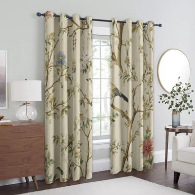 Blumenvogel Blackout Curtains, Floral Vintage Design, 245 x 140 cm, 2 Panels