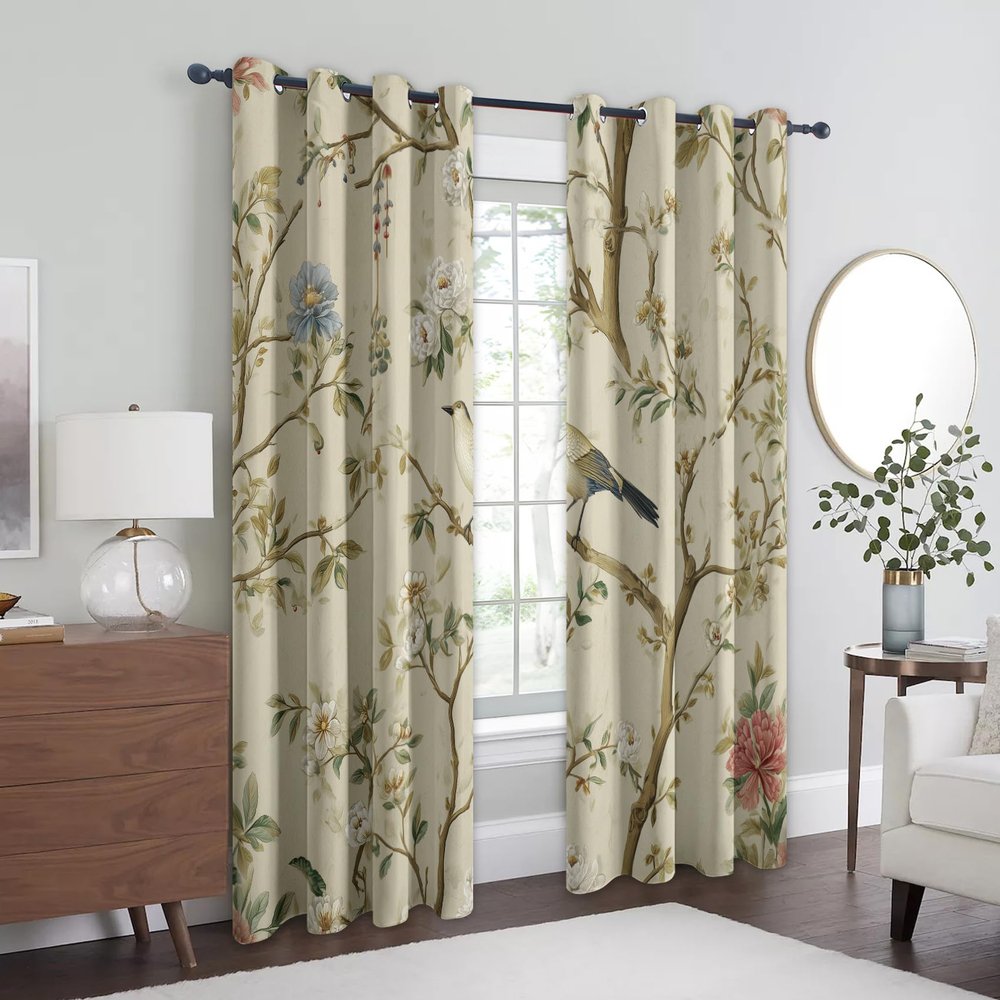 Blumenvogel Blackout Curtains, Floral Vintage Design, 245 x 140 cm, 2 Panels