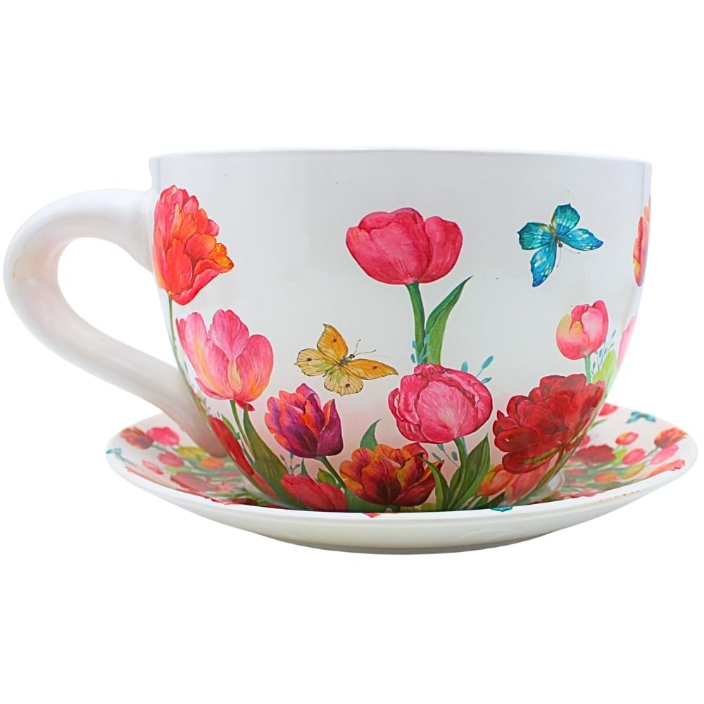 Dekohelden24 XXL Ceramic Flower Pot in Cup Shape with Handle, Tulip Sea Design, 34 x 28 x 16 cm