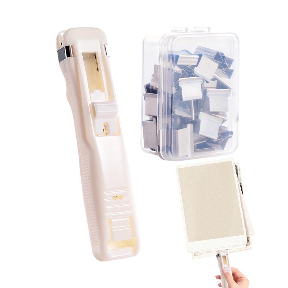 Paper Push-Clip Stapler, Compact Stainless Steel Clip Dispenser