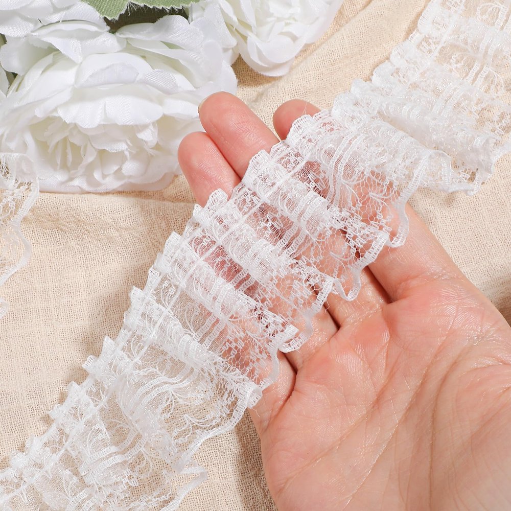 Double Layer Ruffled Lace Trim, 5 Yards White Lace Ribbon