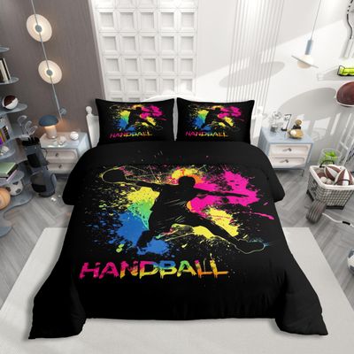 Homewish Handball Microfiber Bedding Set, 155 x 220 cm, Colorful Splatter Design, Player Silhouette, 1 Pillowcase