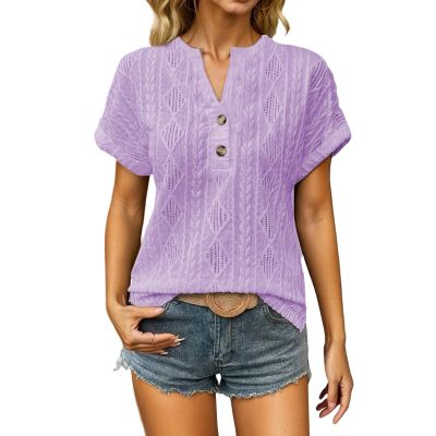 Gefomuofe Women's Elegant Eyelet Embroidery Short-Sleeve Top
