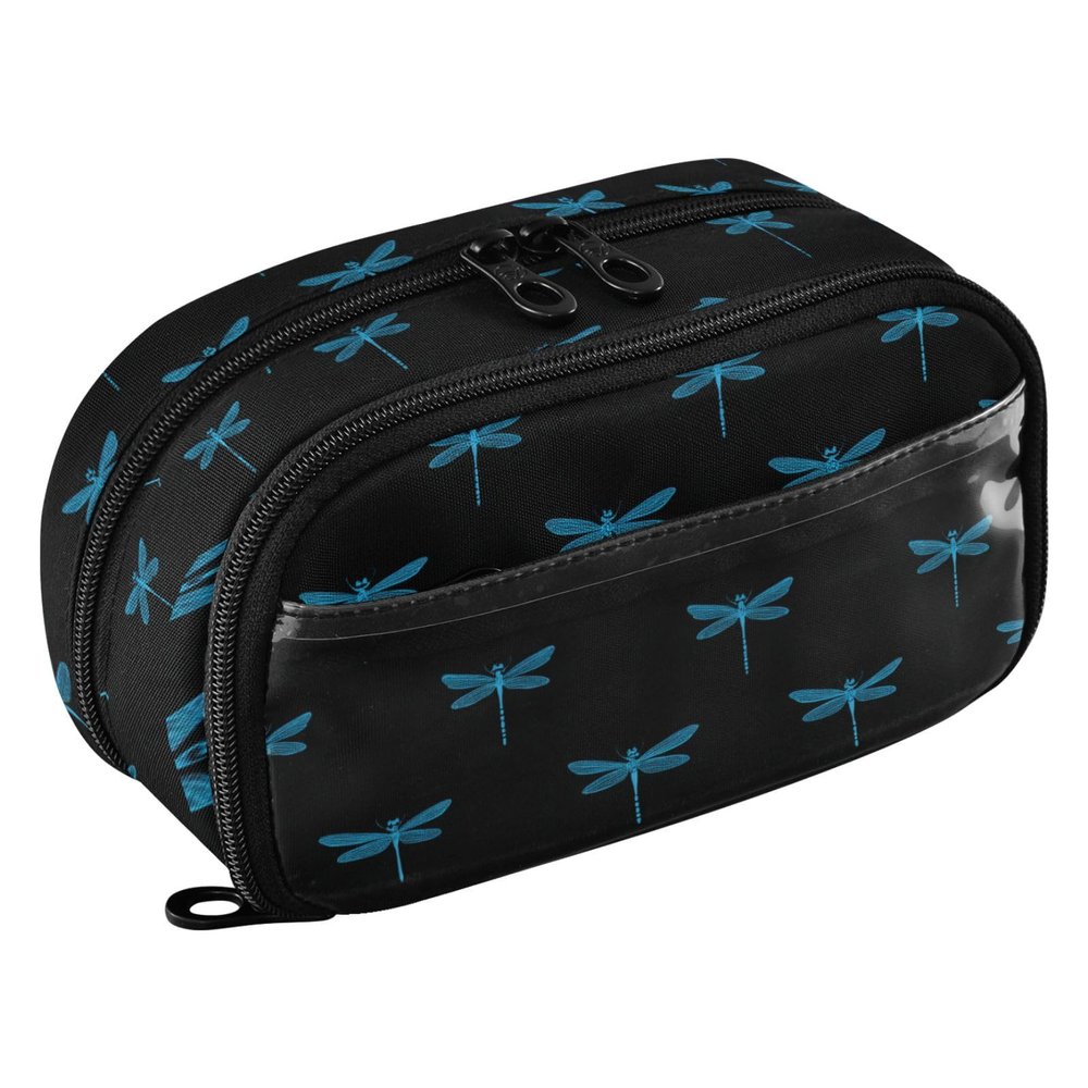 KLL PVC Pencil Organizer with Compartment, Dragonfly, Sky Blue/Black