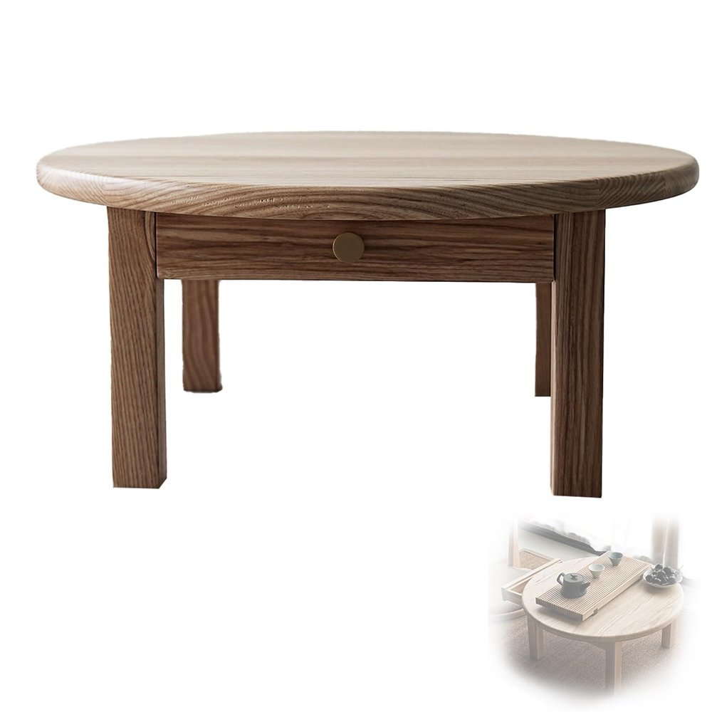 LIKANGLONGJU Round Japanese Solid Wood Floor Table with Drawer, Brown, 60 x 28 cm