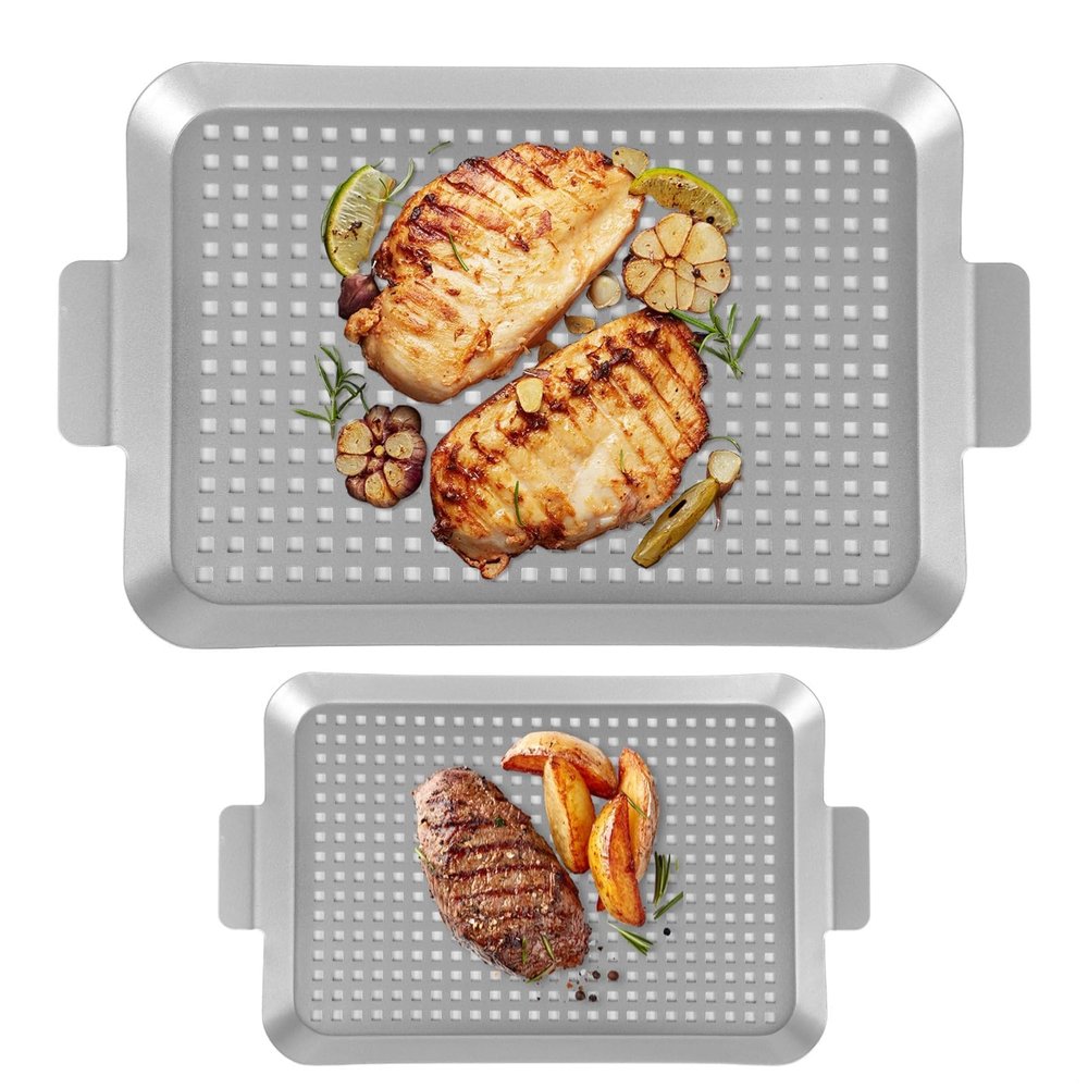 Grill Topper, Perforated Grill Pans with Handles, Versatile, Nonstick, for Fish, Meat and Vegetables, 2-Piece Set