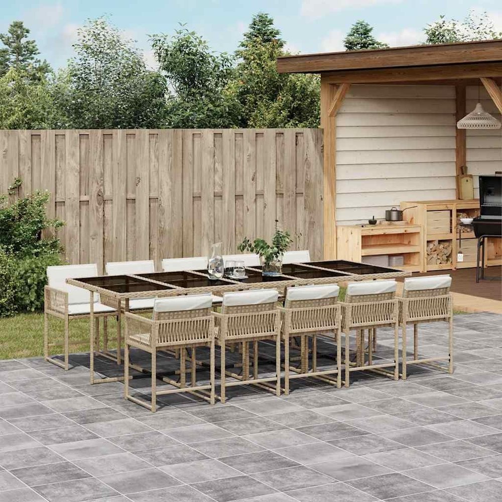 Hommdiy 11-Piece Garden Dining Set with Cushions, Beige and Cream, 10-Seater