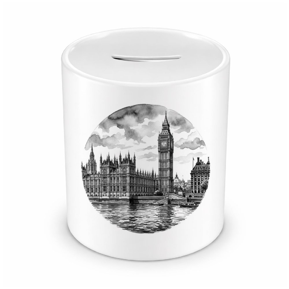 Samunshi Piggy Bank with Big Ben & Houses of Parliament, London – White, 330 ml