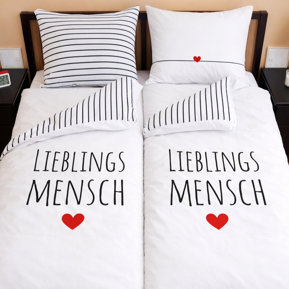 Familando Favorite Person Partner Bedding Set, 4-Piece, 2 Duvet Covers and 2 Pillowcases, 135 x 200 cm and 80 x 80 cm, with Zippers, 100% Cotton Renforcé, Gift Idea for Couples