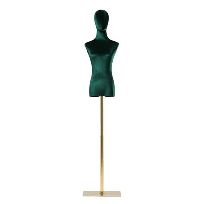 Adjustable Women's Dress Form, Velvet Torso with Solid Wood Arm and Metal Base, Dark Green
